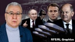 Слева направо: Мумин Шакиров, Владимир Путин, Эмманюэль Макрон, Олаф Шольц. Коллаж