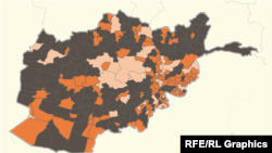 Территории, контролируемые в настоящее время талибами, закрашены тёмно-коричневым цветом